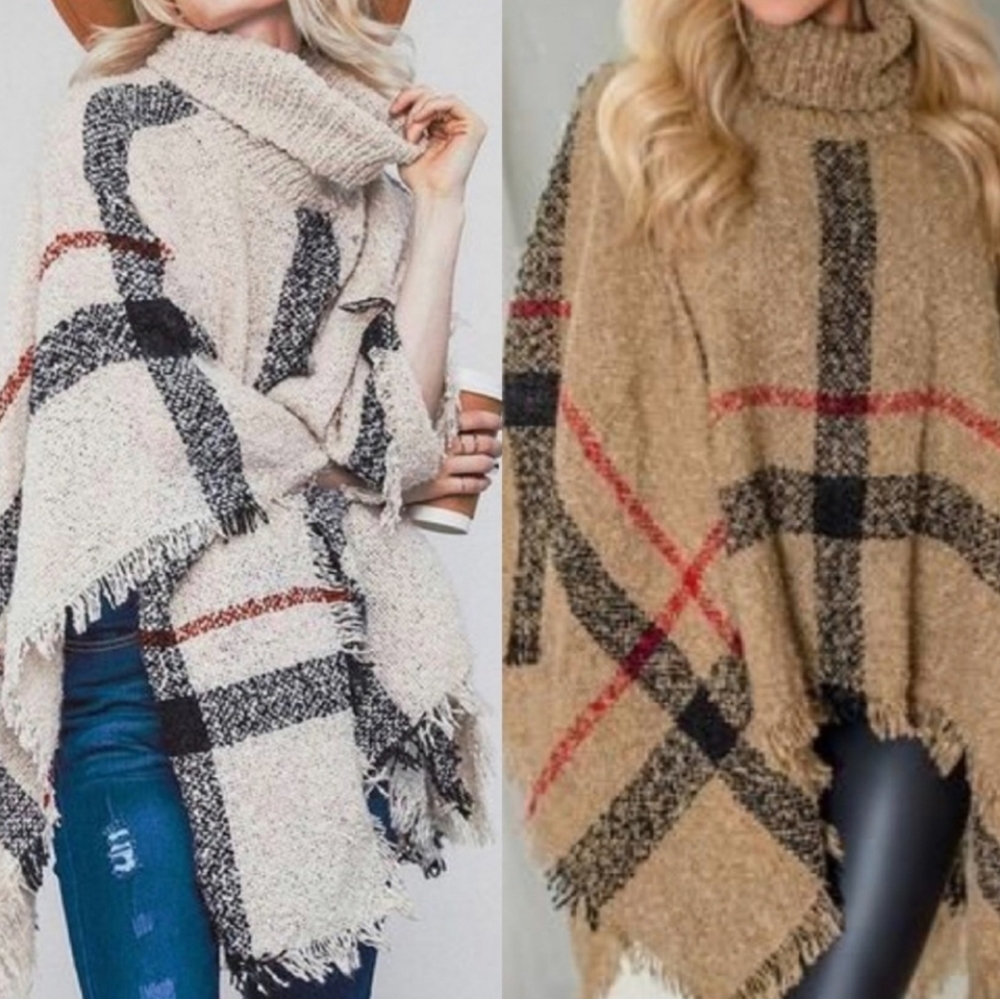 🍂 Plaid Turtle Neck Poncho 🍂